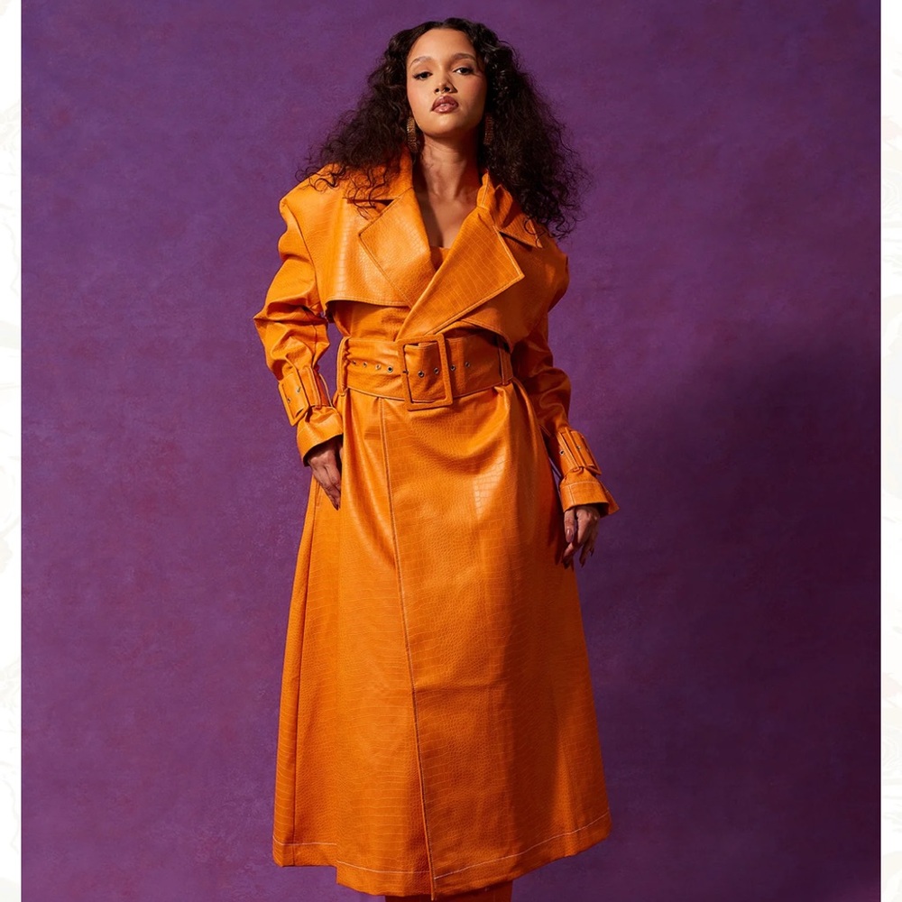 Kai collective EMANI FAUX CROC LEATHER trench COAT - ORANGE